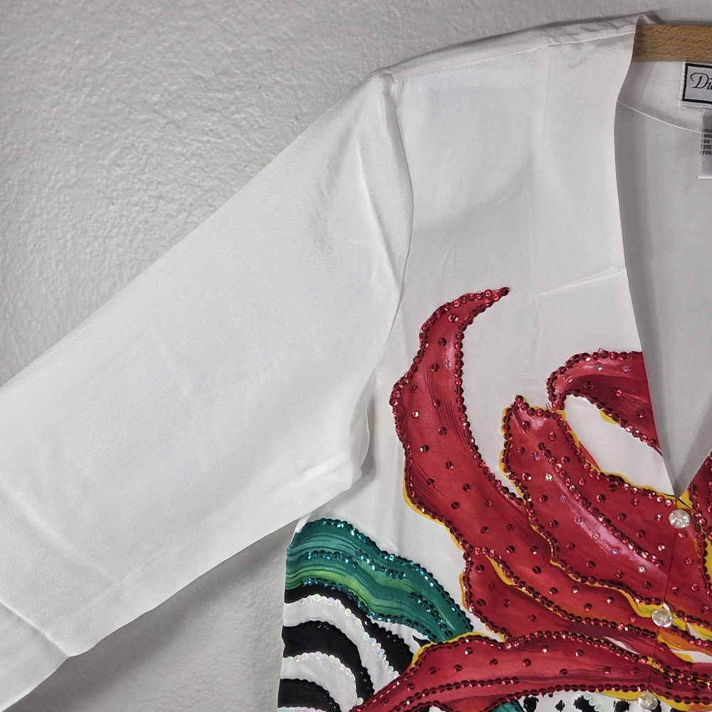 Diane Gilman Silk Beaded Vintage Size M ButtonUp Floral Tunic Blouse White Red - Picture 4 of 16